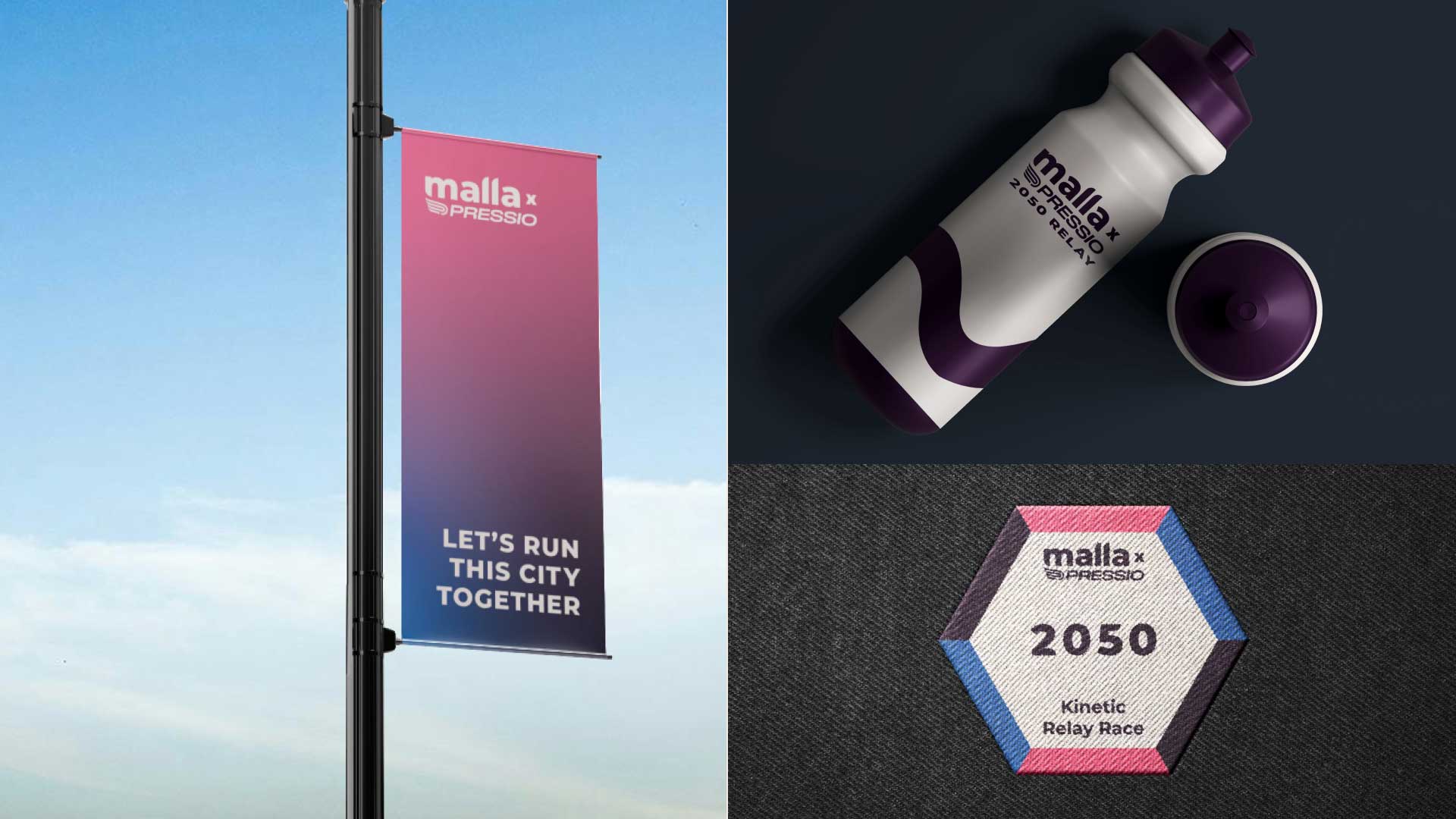 malla brand mockups including banner and water bottle